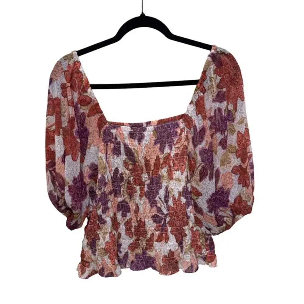 Old Navy Fitted Puff-Sleeve Smocked Top Autumn Leaves Size L